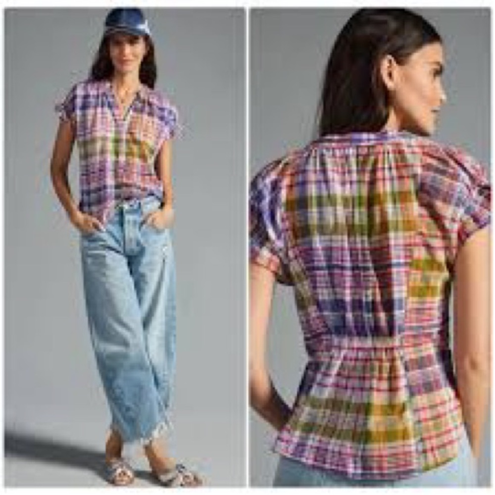 Anthropologie Pilcro Plaid Multicolor Women's Short Sleeve Deep V Top